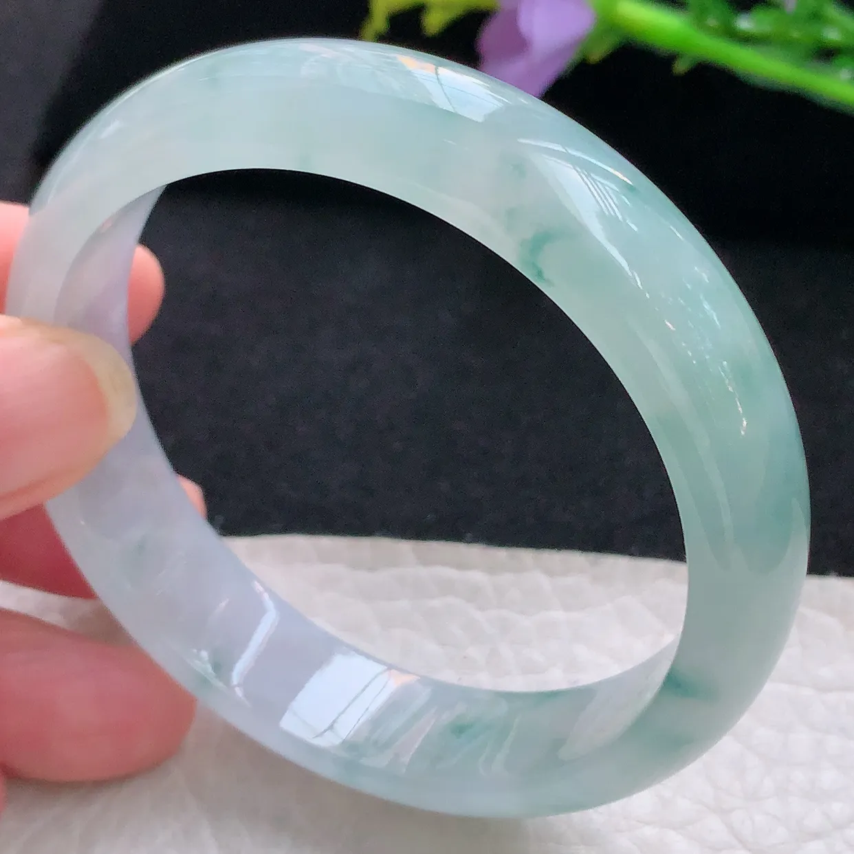 jm自然光56*13.5*6.6平安镯 天然缅甸翡翠冰飘花正圈珠宝玉手镯 美人镯