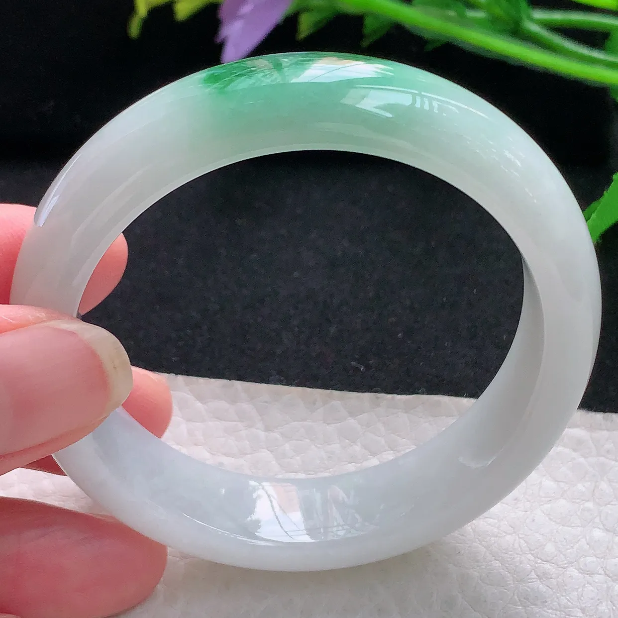 yh小圈口51.5*13.5*7.5平安镯 天然缅甸翡翠秀气飘绿宽边珠宝玉手镯 玉手环