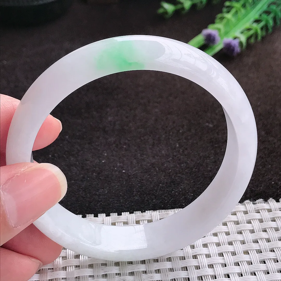 自然光58.5/13.5/7.2老坑冰润水灵飘绿手镯宽边翡翠玉镯手环