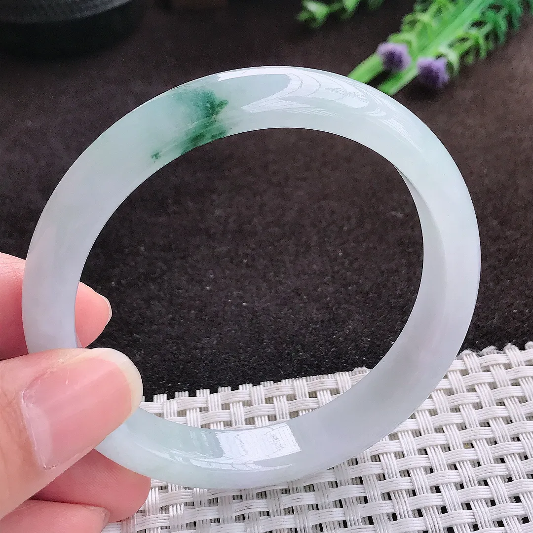 自然光58.8/11.2/7.3老坑冰透起胶飘花手镯宽边翡翠玉镯手环