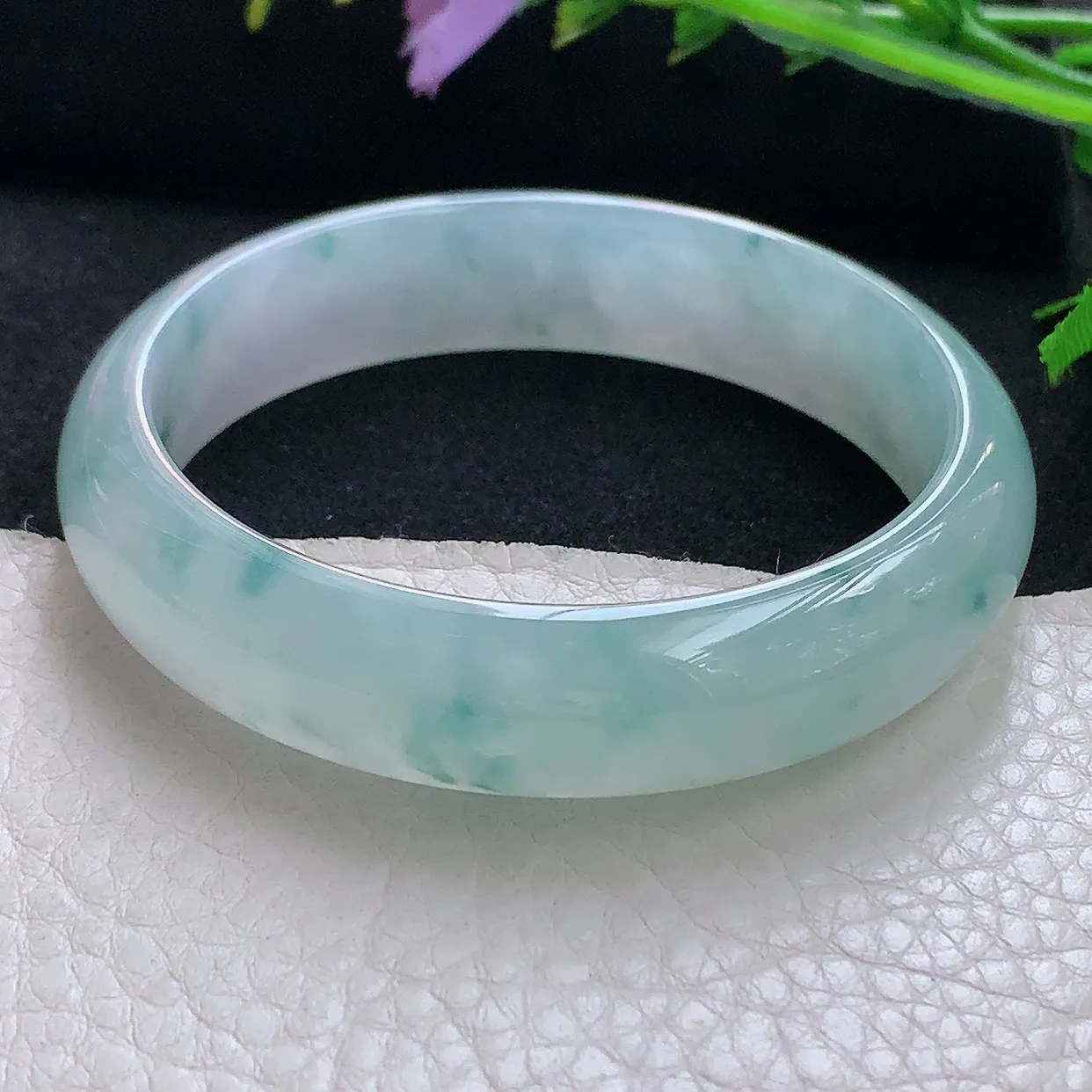 jm自然光56*13.5*6.6平安镯 天然缅甸翡翠冰飘花正圈珠宝玉手镯 美人镯