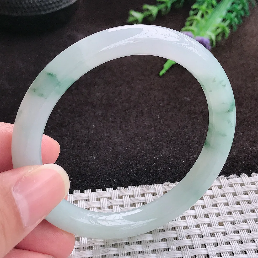 自然光55/9/8.5老坑冰润起胶飘花圆条手镯宽边翡翠玉镯手环
