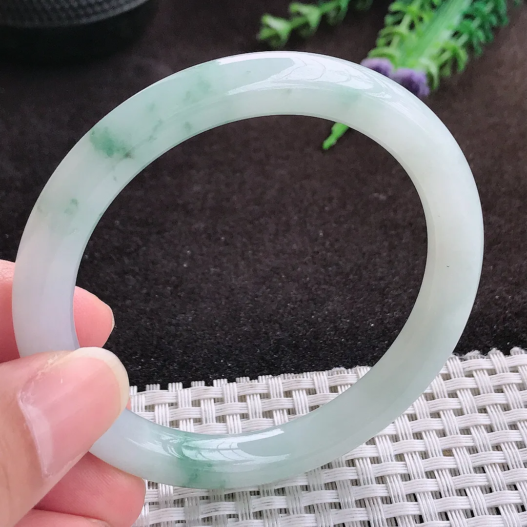 自然光55/9/8.5老坑冰润起胶飘花圆条手镯宽边翡翠玉镯手环