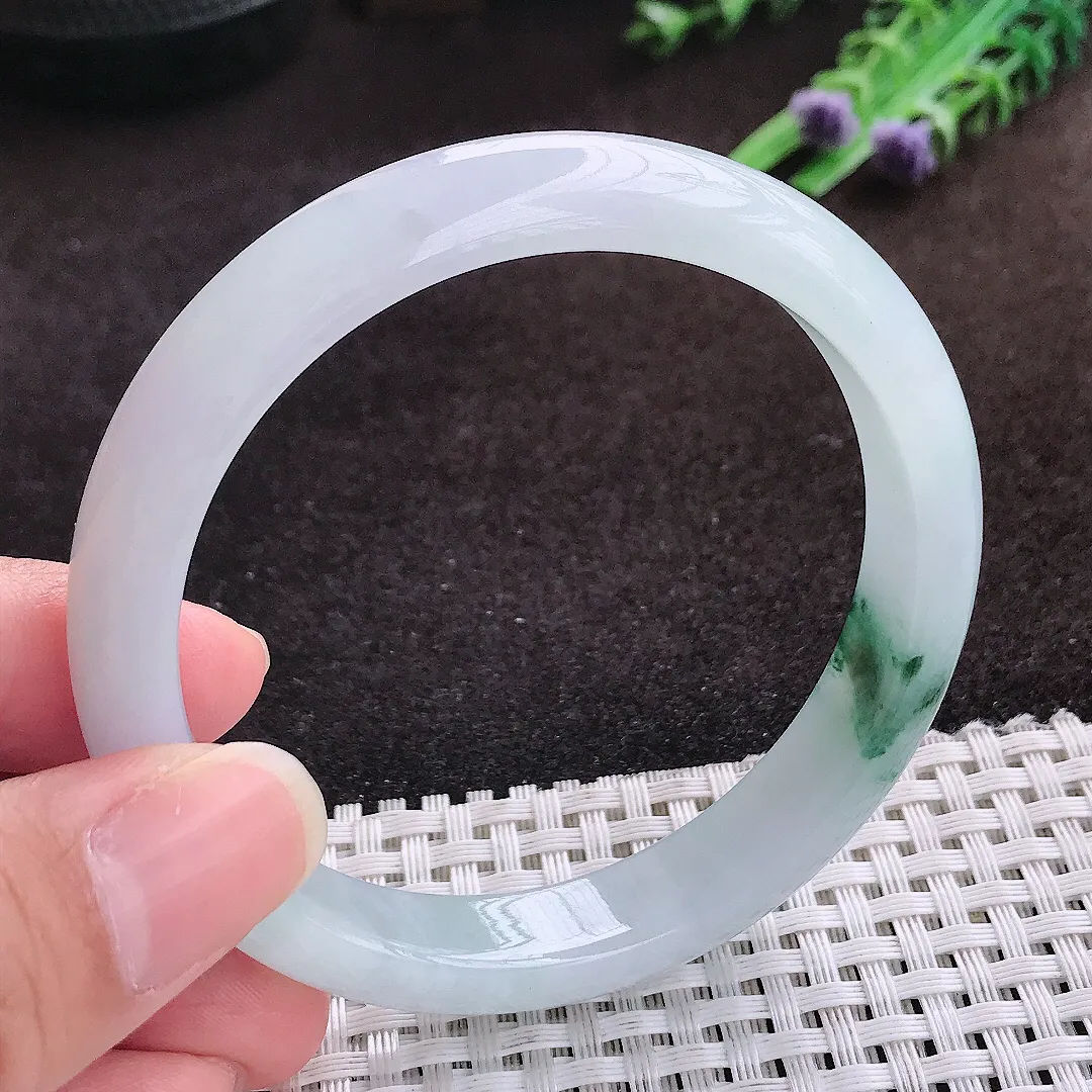 自然光58.8/11.2/7.3老坑冰透起胶飘花手镯宽边翡翠玉镯手环