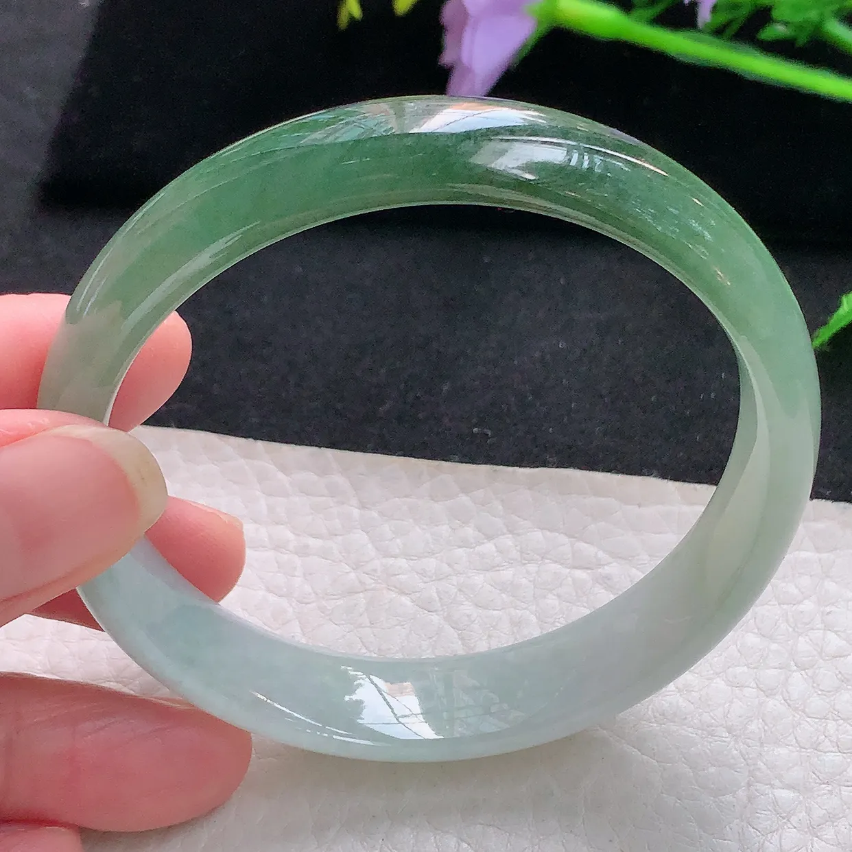 js自然光58.5*13*6.5平安镯 天然缅甸翡翠半山水正圈珠宝玉手镯