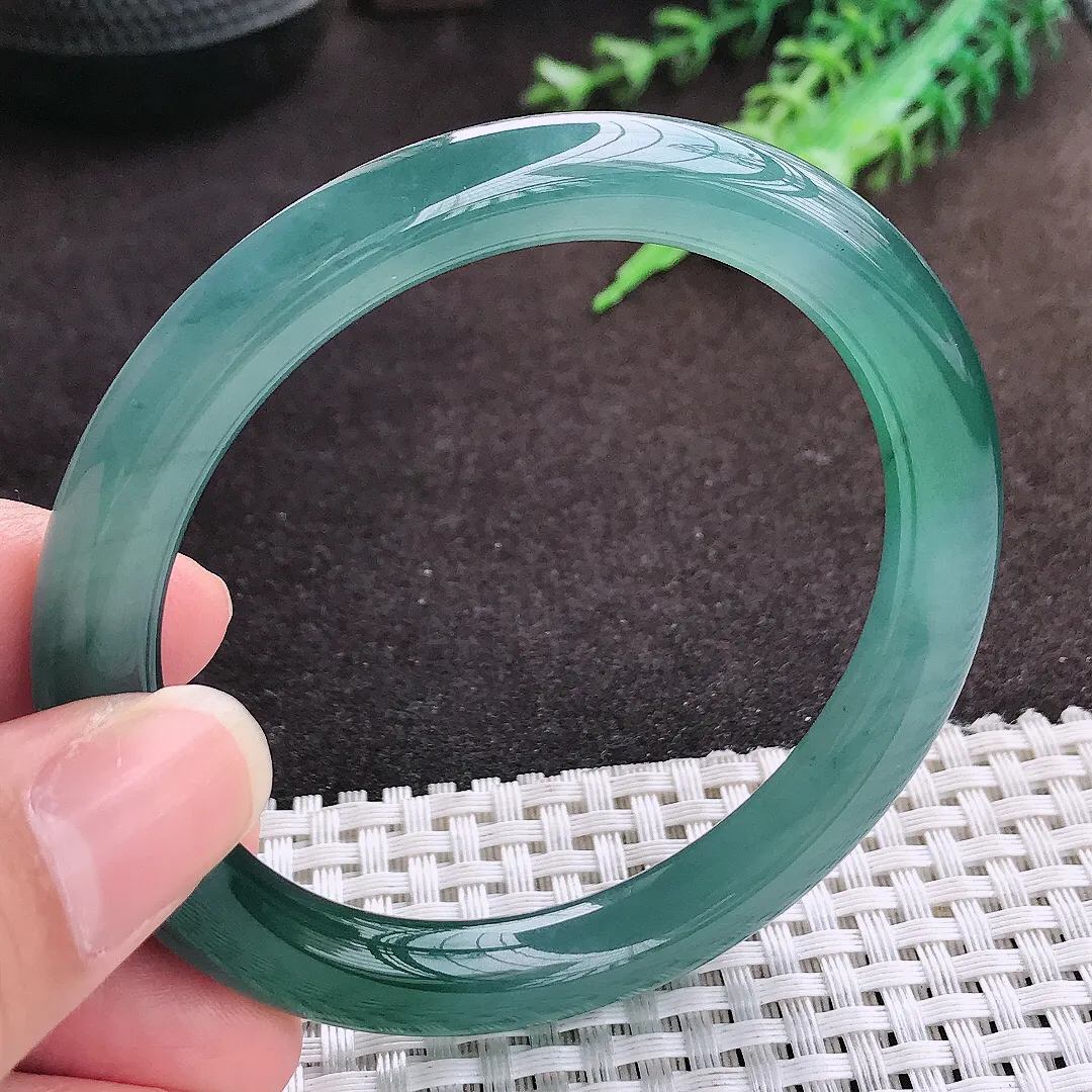 自然光57/9老坑冰透果冻胶满色蓝韵圆条手镯翡翠玉镯手环