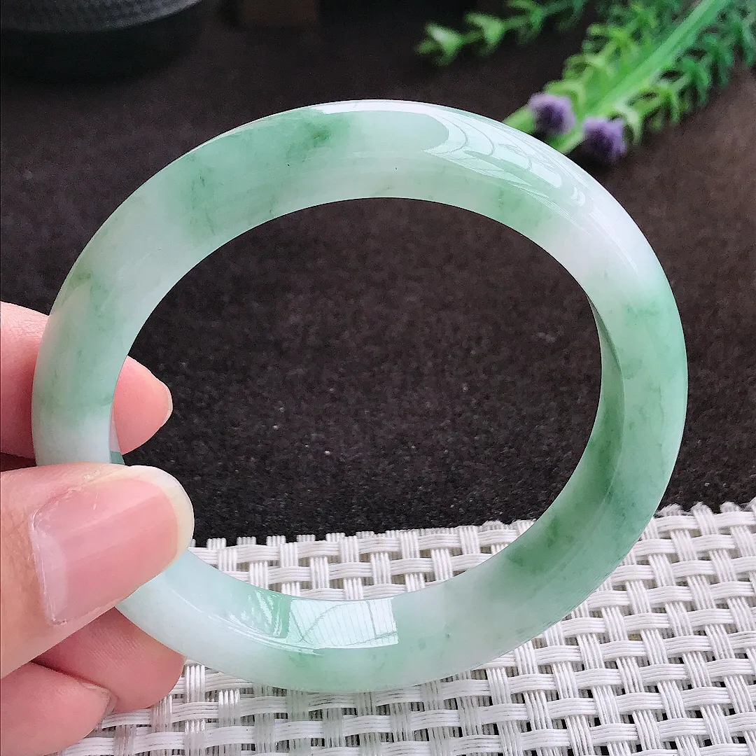 自然光56.5/11.2/8.6老坑精美冰润飘花手镯宽边翡翠玉镯手环