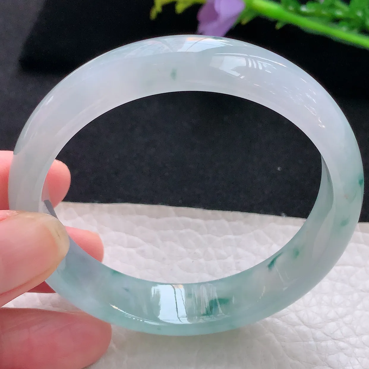 jm自然光56*13.5*6.6平安镯 天然缅甸翡翠冰飘花正圈珠宝玉手镯 美人镯