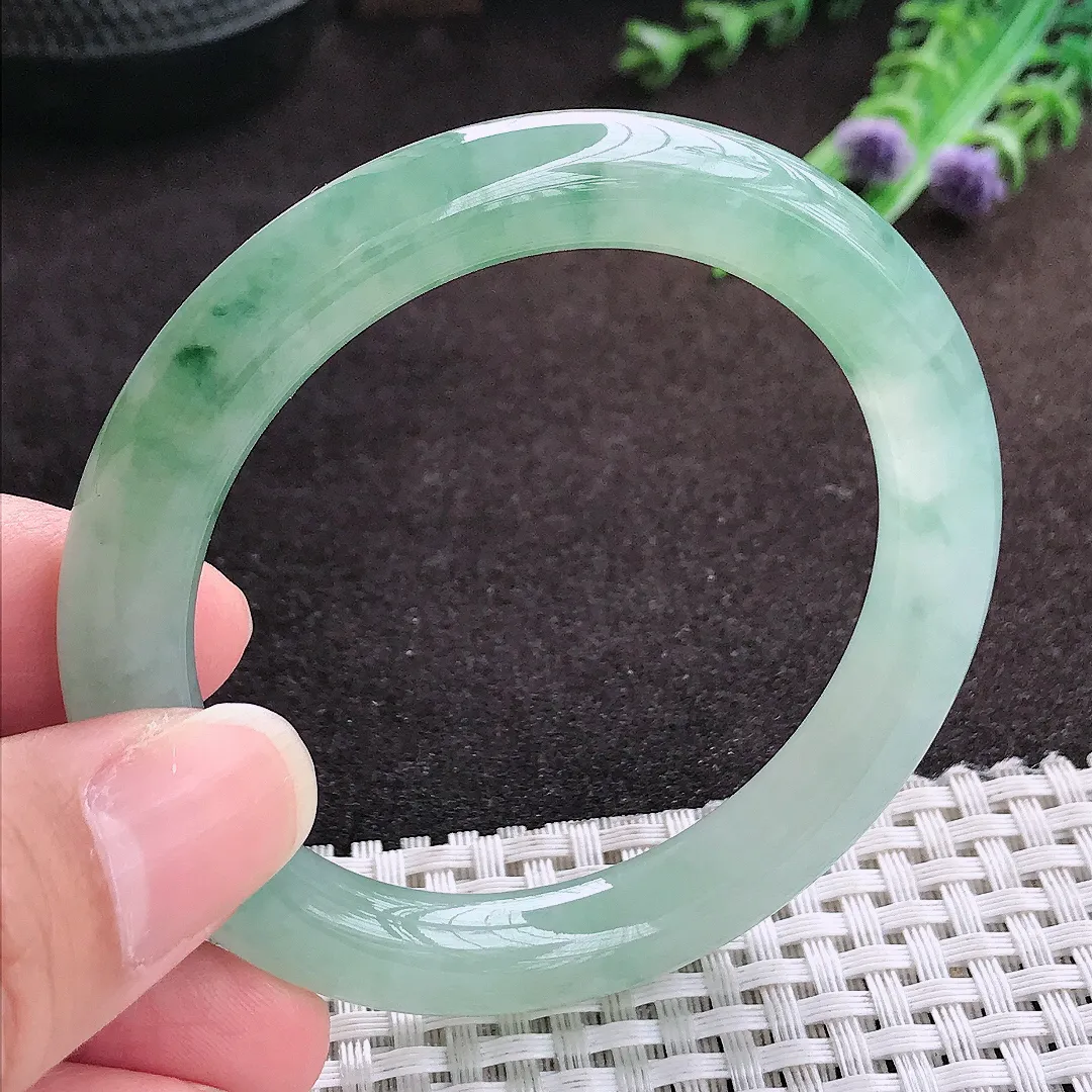 自然光52.5/9.2老坑冰胶果冻飘花圆条手镯翡翠玉镯手环