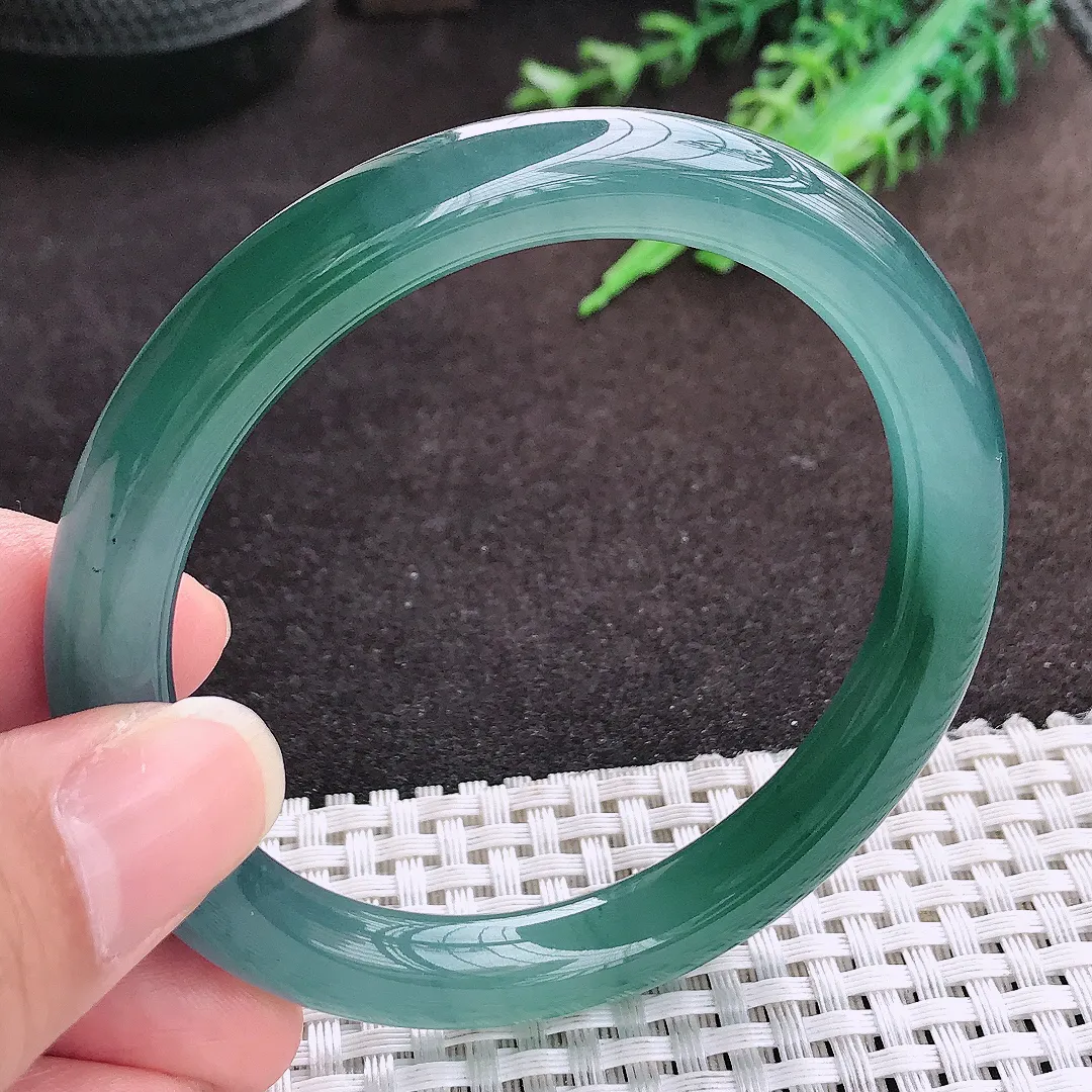 自然光57/9老坑冰透果冻胶满色蓝韵圆条手镯翡翠玉镯手环