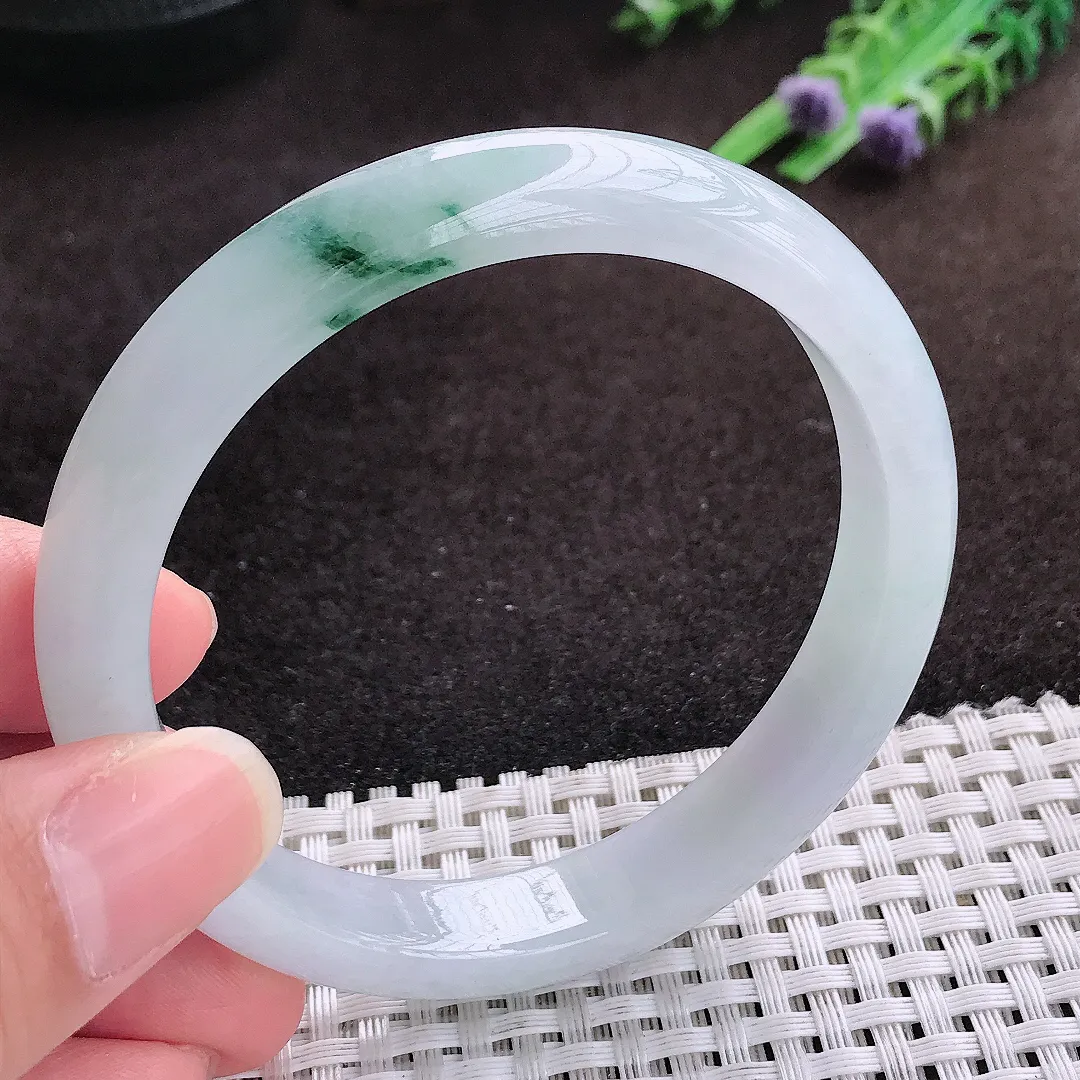 自然光58.8/11.2/7.3老坑冰透起胶飘花手镯宽边翡翠玉镯手环