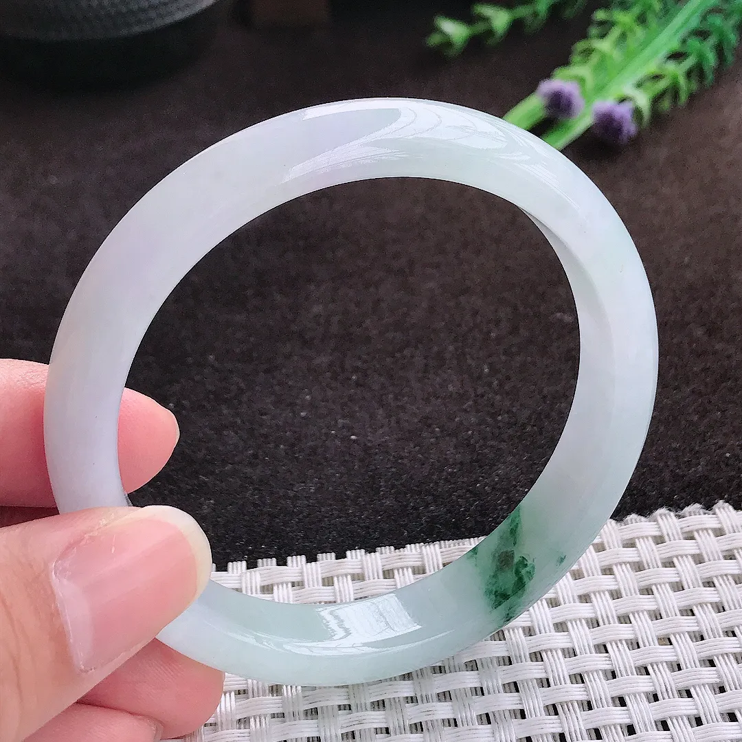 自然光58.8/11.2/7.3老坑冰透起胶飘花手镯宽边翡翠玉镯手环