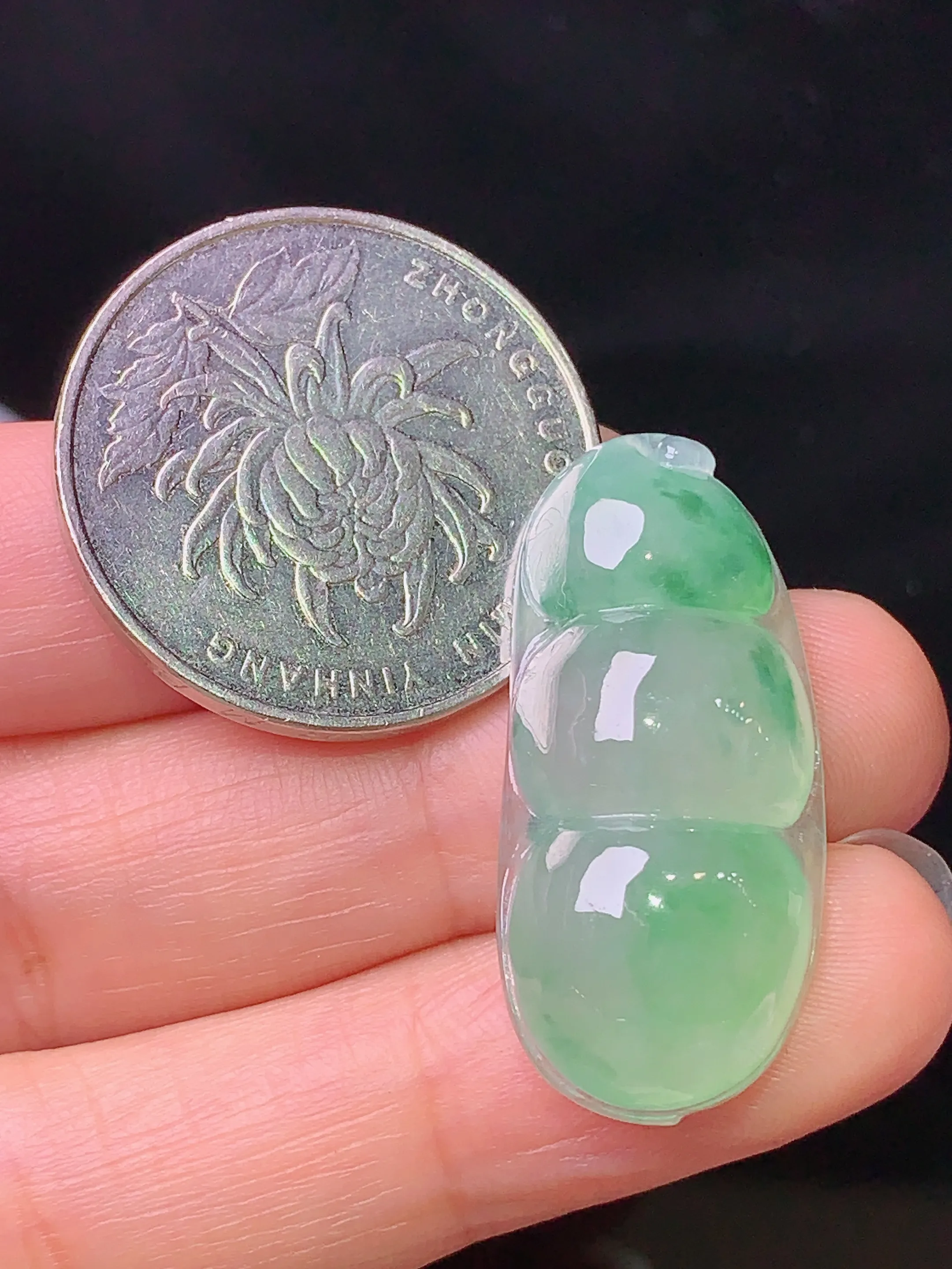 飘绿四季豆吊坠 玉质细腻 水润亮眼 色泽艳丽 整体尺寸31*14*7.3