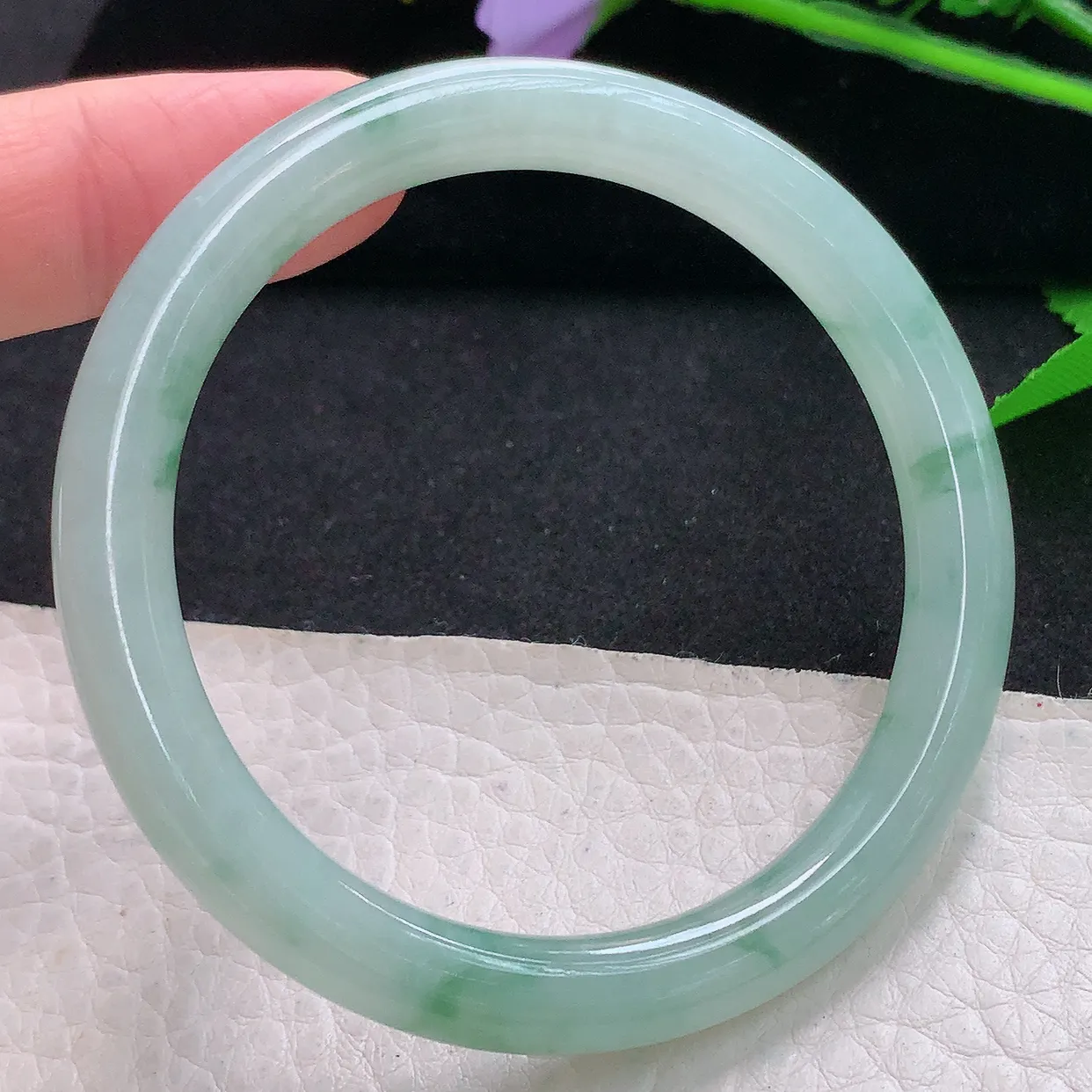 xh小圈口53.5*7.2*7.5叮当镯 天然缅甸翡翠秀气冰飘花圆条珠宝玉手镯