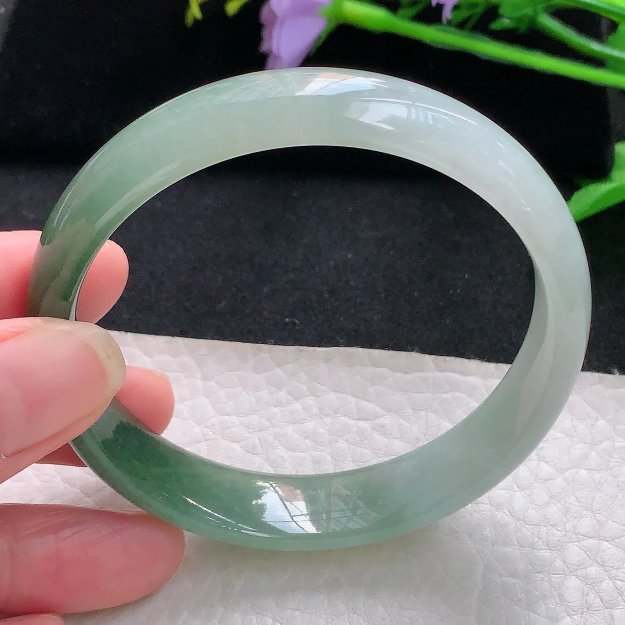 js自然光58.5*13*6.5平安镯 天然缅甸翡翠半山水正圈珠宝玉手镯