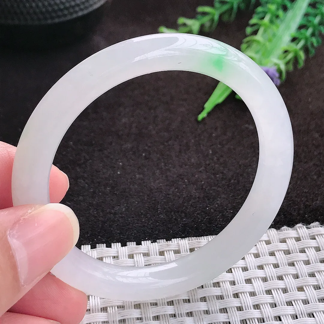 自然光51.5/8.5/8老坑冰胶果冻飘绿圆条手镯翡翠玉镯手环