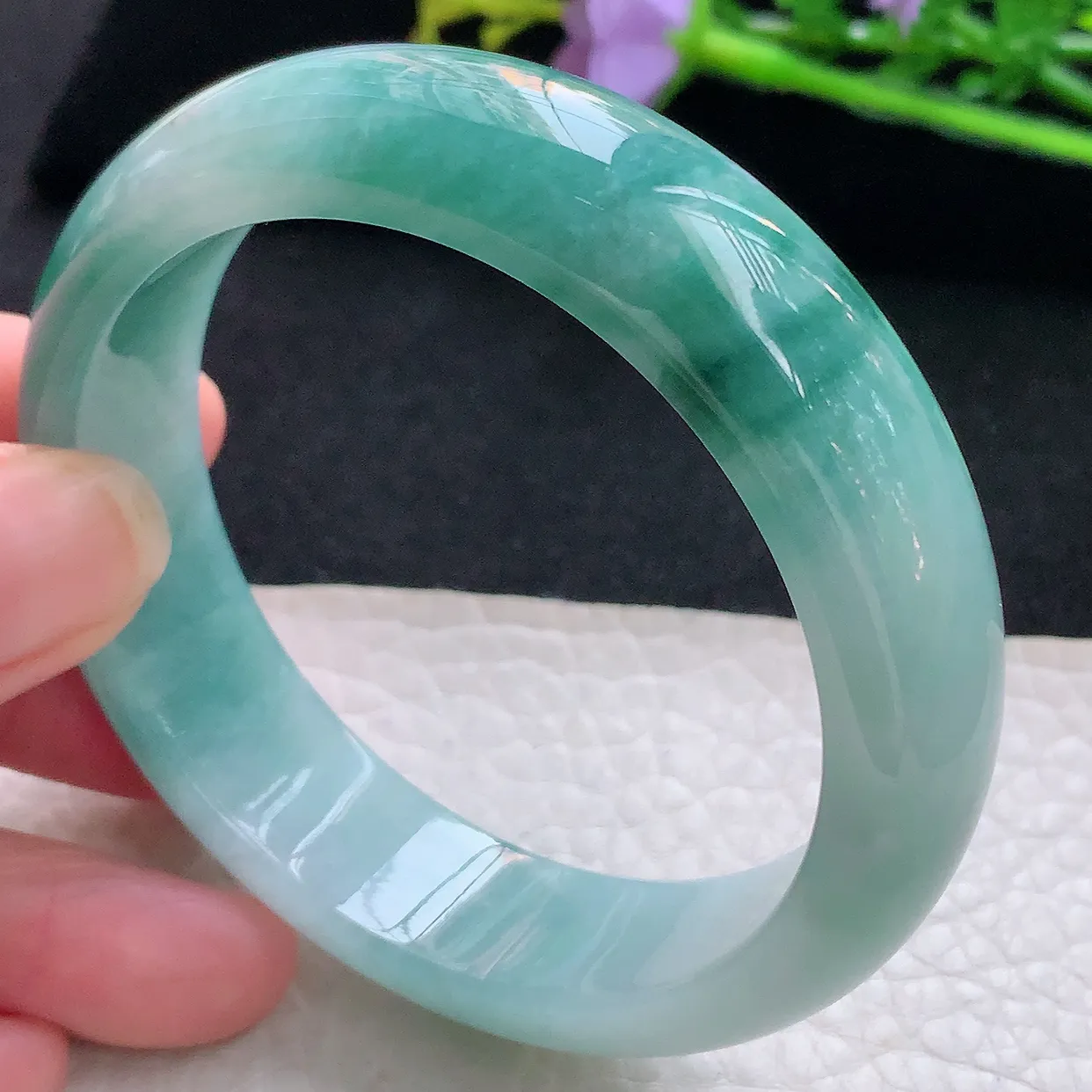 jm自然光56*15.3*8轮胎镯 天然缅甸翡翠蓝花厚装正圈珠宝玉手镯 美人镯