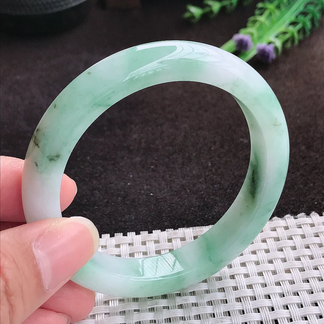 自然光56.5/11.2/8.6老坑精美冰润飘花手镯宽边翡翠玉镯手环