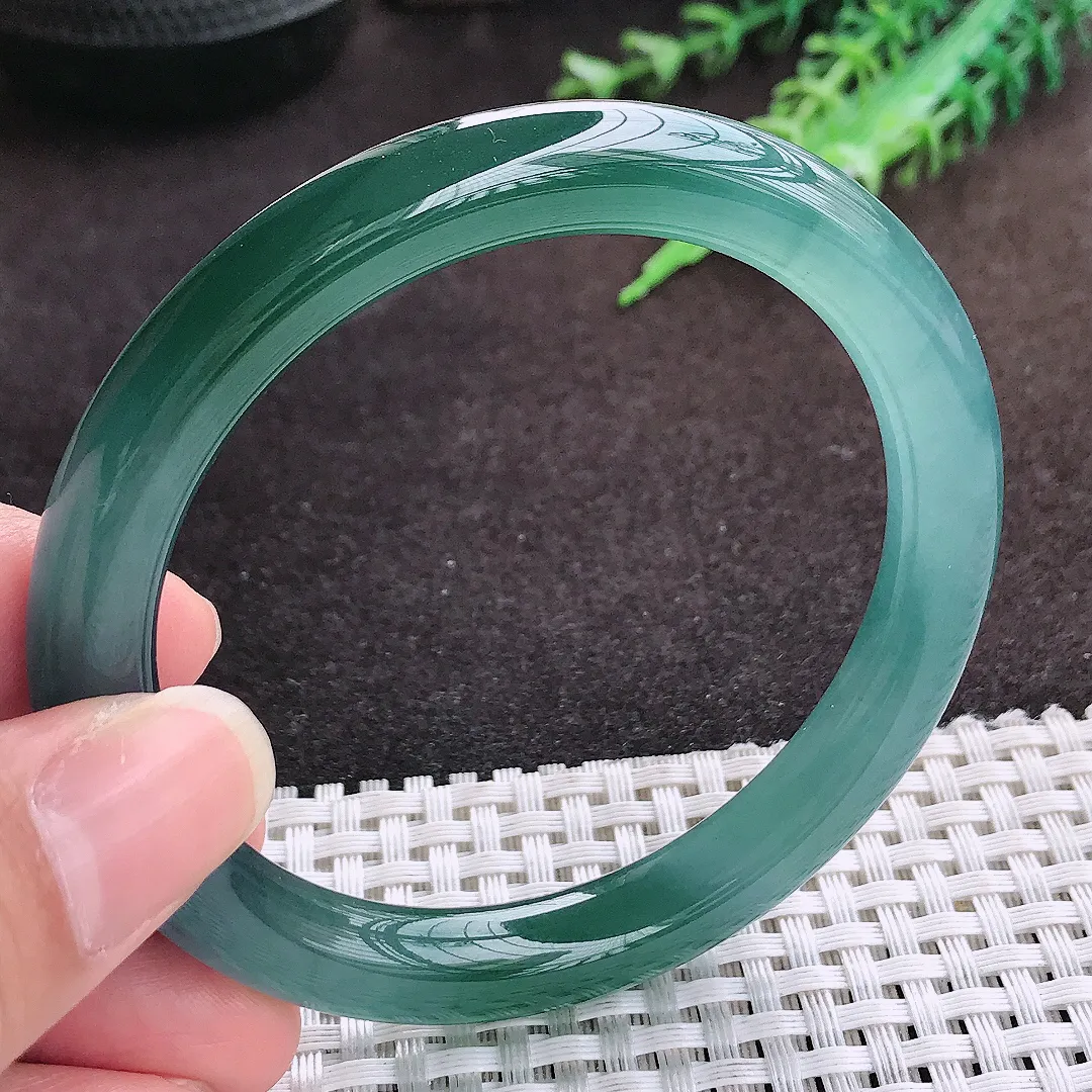 自然光57/9老坑冰透果冻胶满色蓝韵圆条手镯翡翠玉镯手环