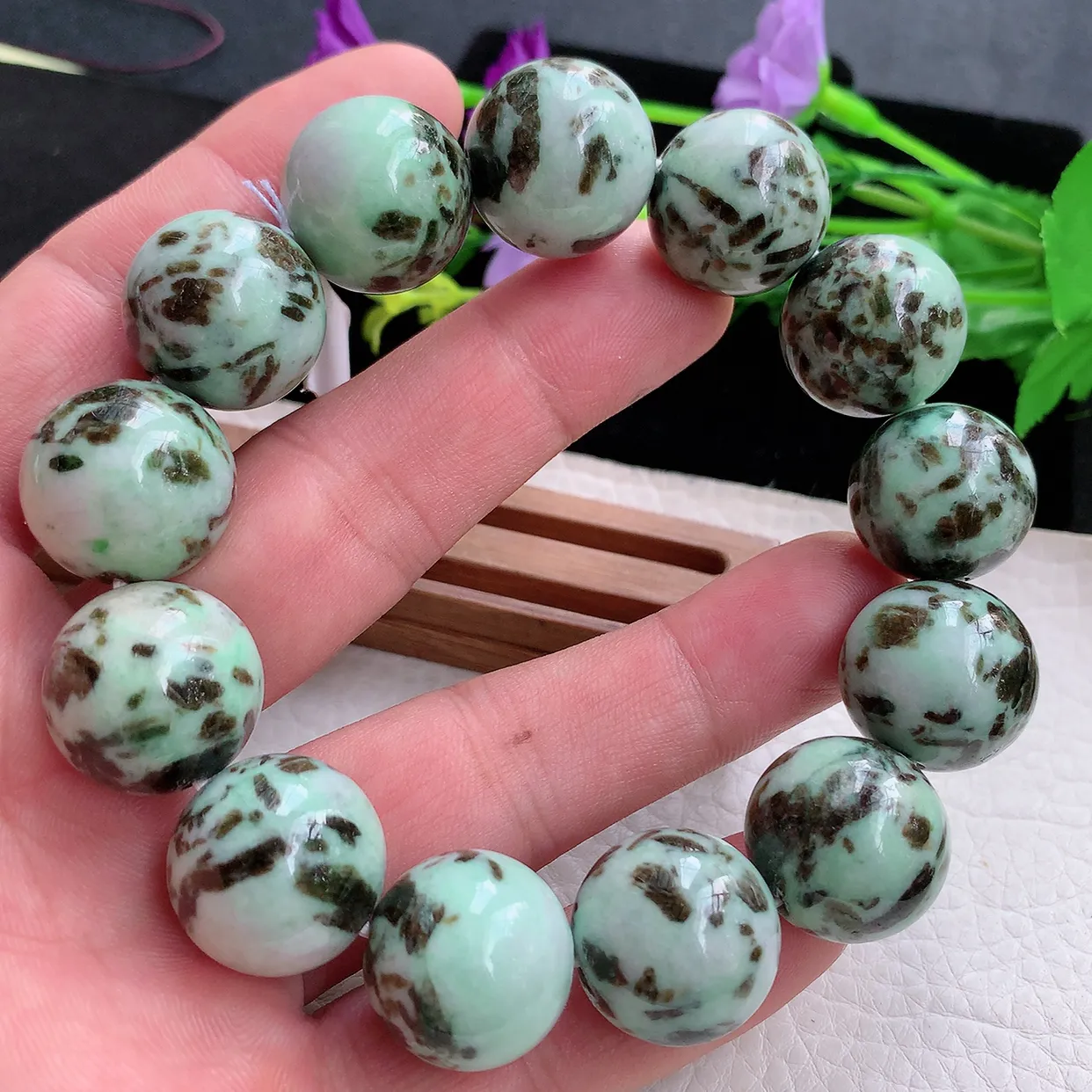 ss自然光18.5mm天然缅甸翡翠飘花大颗粒18.5mm圆珠玉手链 玉手串