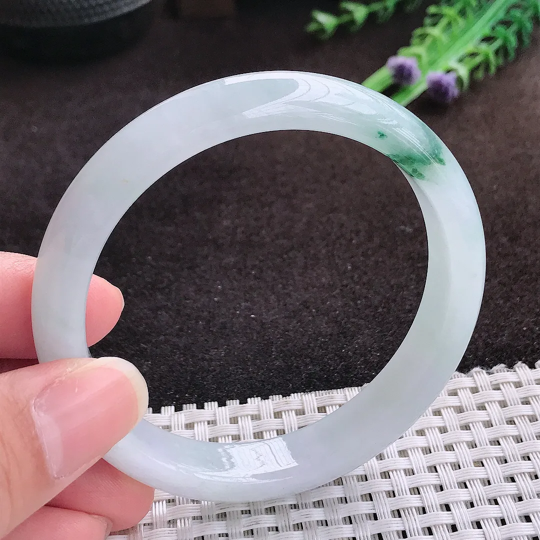 自然光58.8/11.2/7.3老坑冰透起胶飘花手镯宽边翡翠玉镯手环