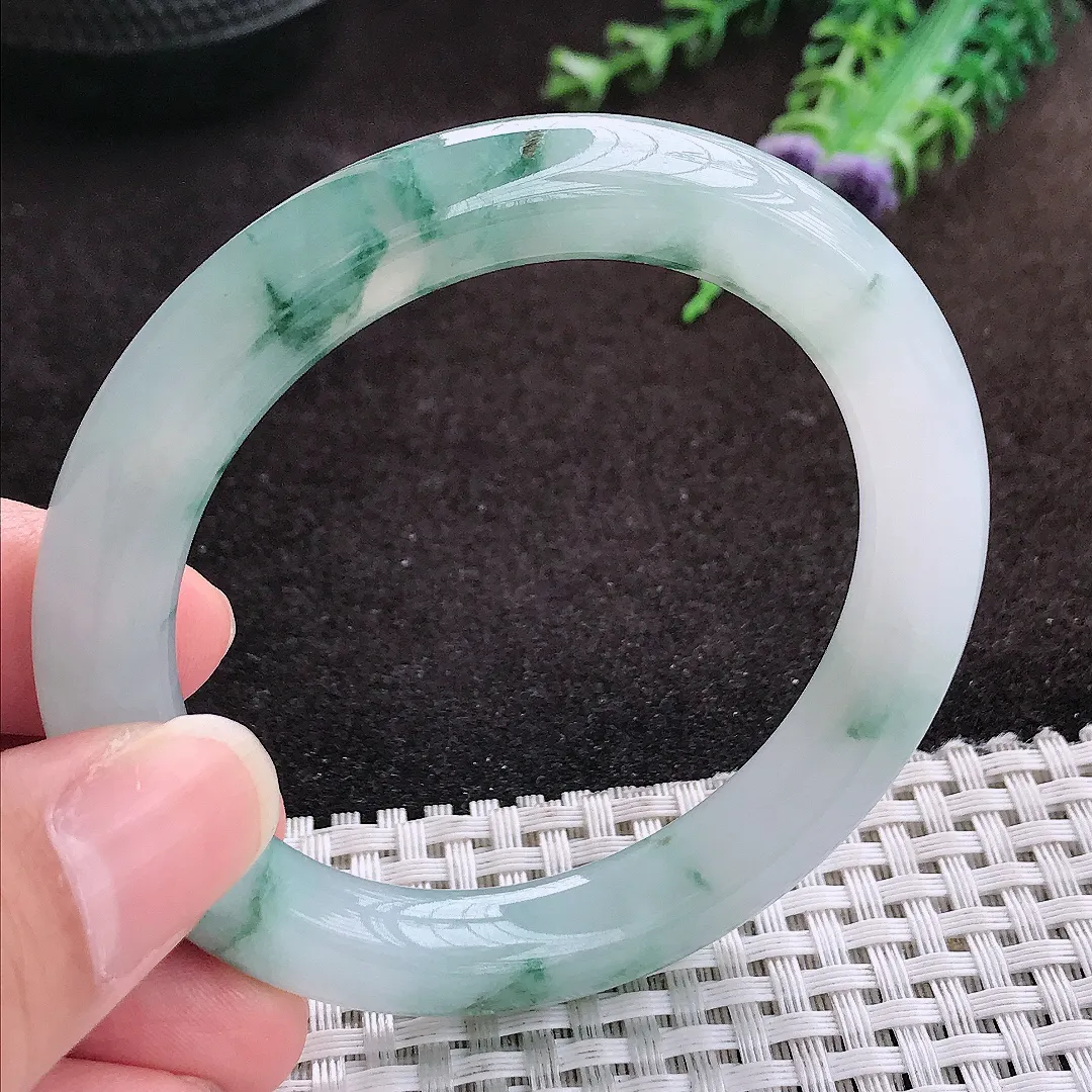 自然光53/9.6老坑冰胶果冻冰飘花圆条手镯翡翠玉镯手环