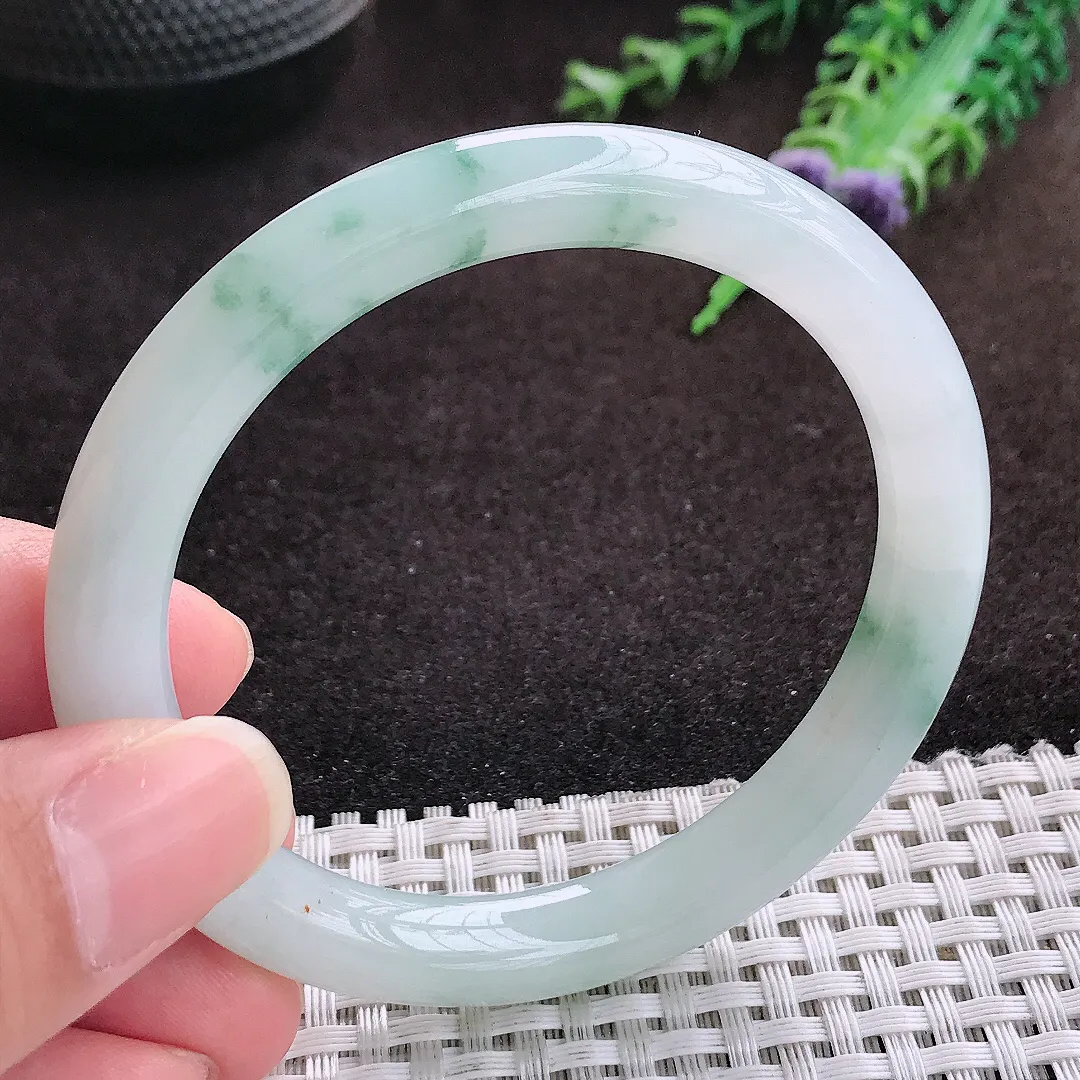 自然光55/9/8.5老坑冰润起胶飘花圆条手镯宽边翡翠玉镯手环