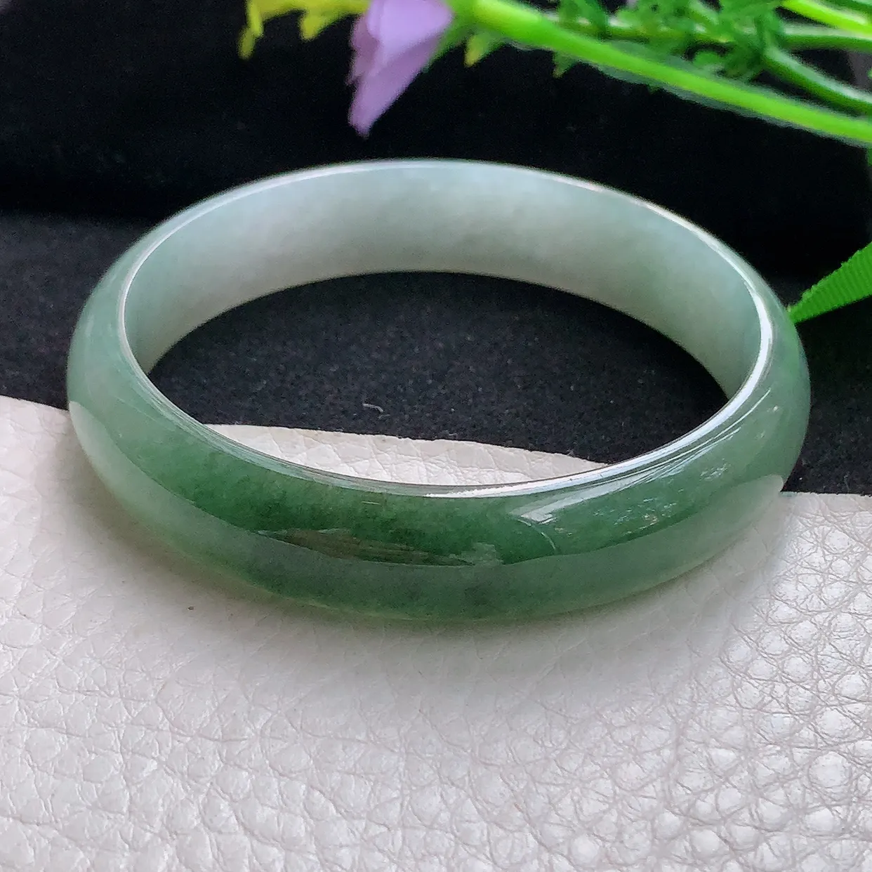 js自然光58.5*13*6.5平安镯 天然缅甸翡翠半山水正圈珠宝玉手镯