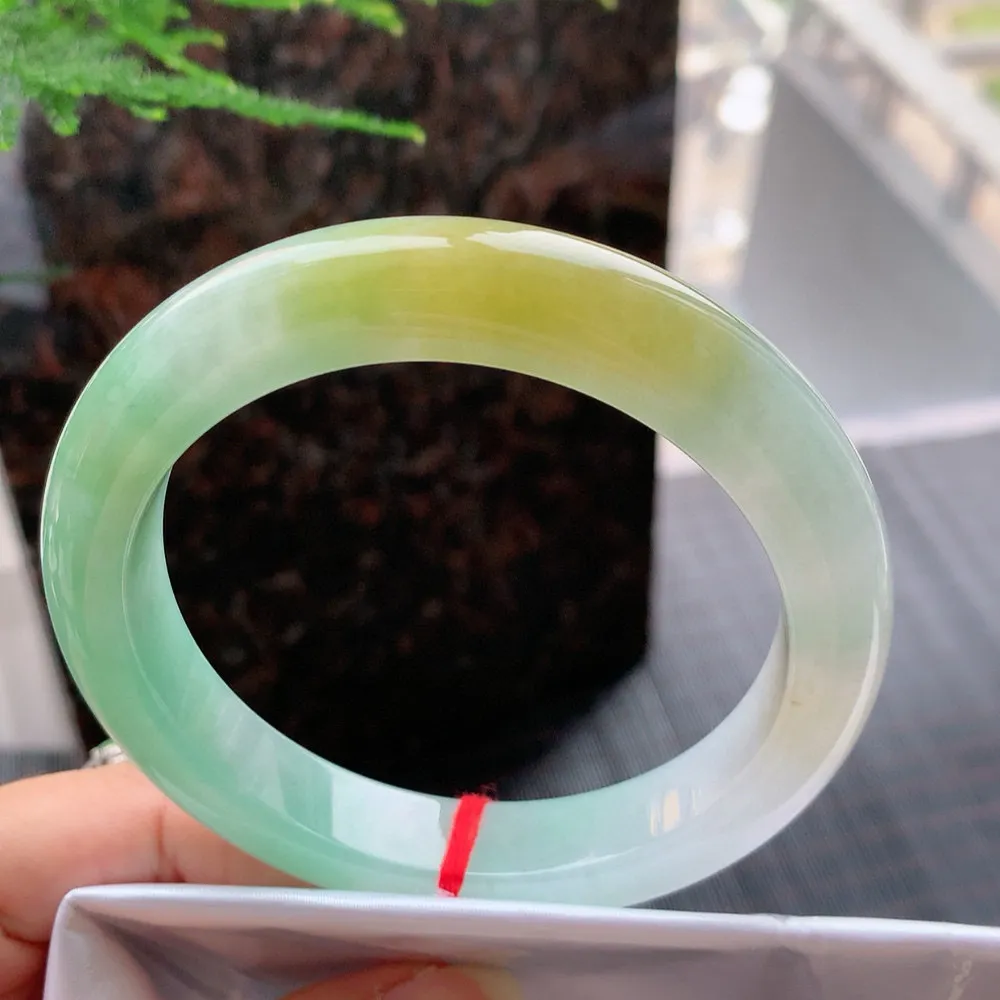 正圈冰黄加绿 无瑕 尺寸:63.1/12.6/9.9 种色兼备 大圈口