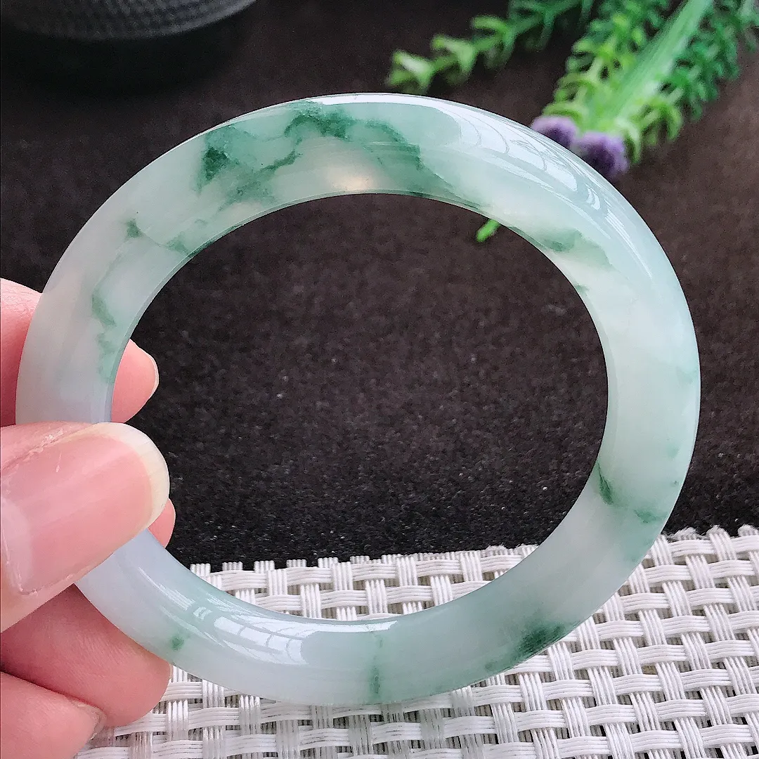 自然光53/9.6老坑冰胶果冻冰飘花圆条手镯翡翠玉镯手环