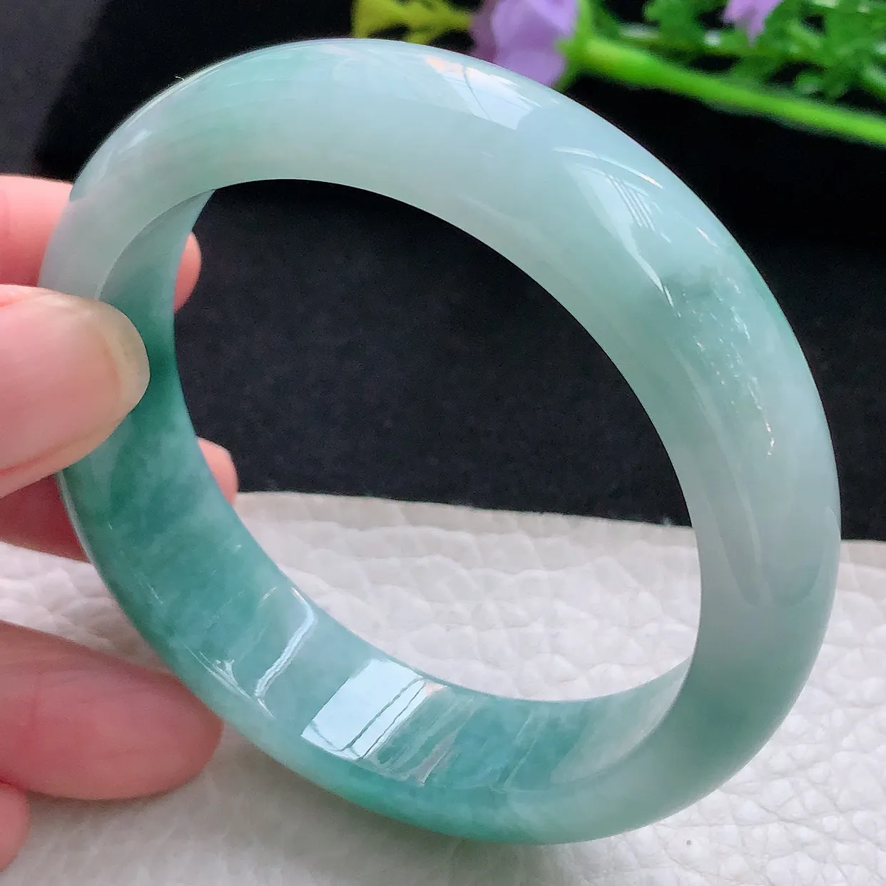 jm自然光56*15.3*8轮胎镯 天然缅甸翡翠蓝花厚装正圈珠宝玉手镯 美人镯