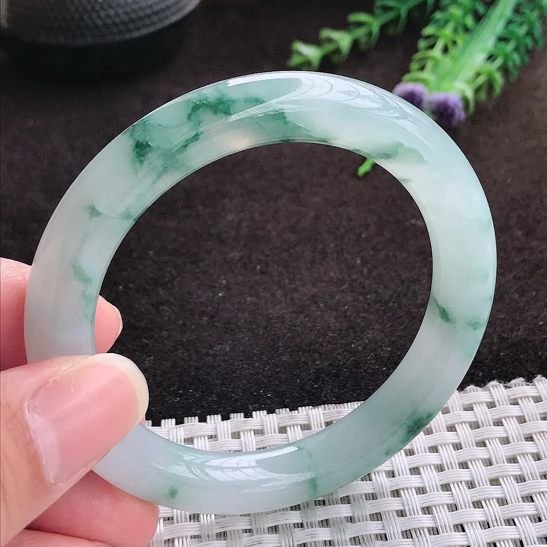 自然光53/9.6老坑冰胶果冻冰飘花圆条手镯翡翠玉镯手环