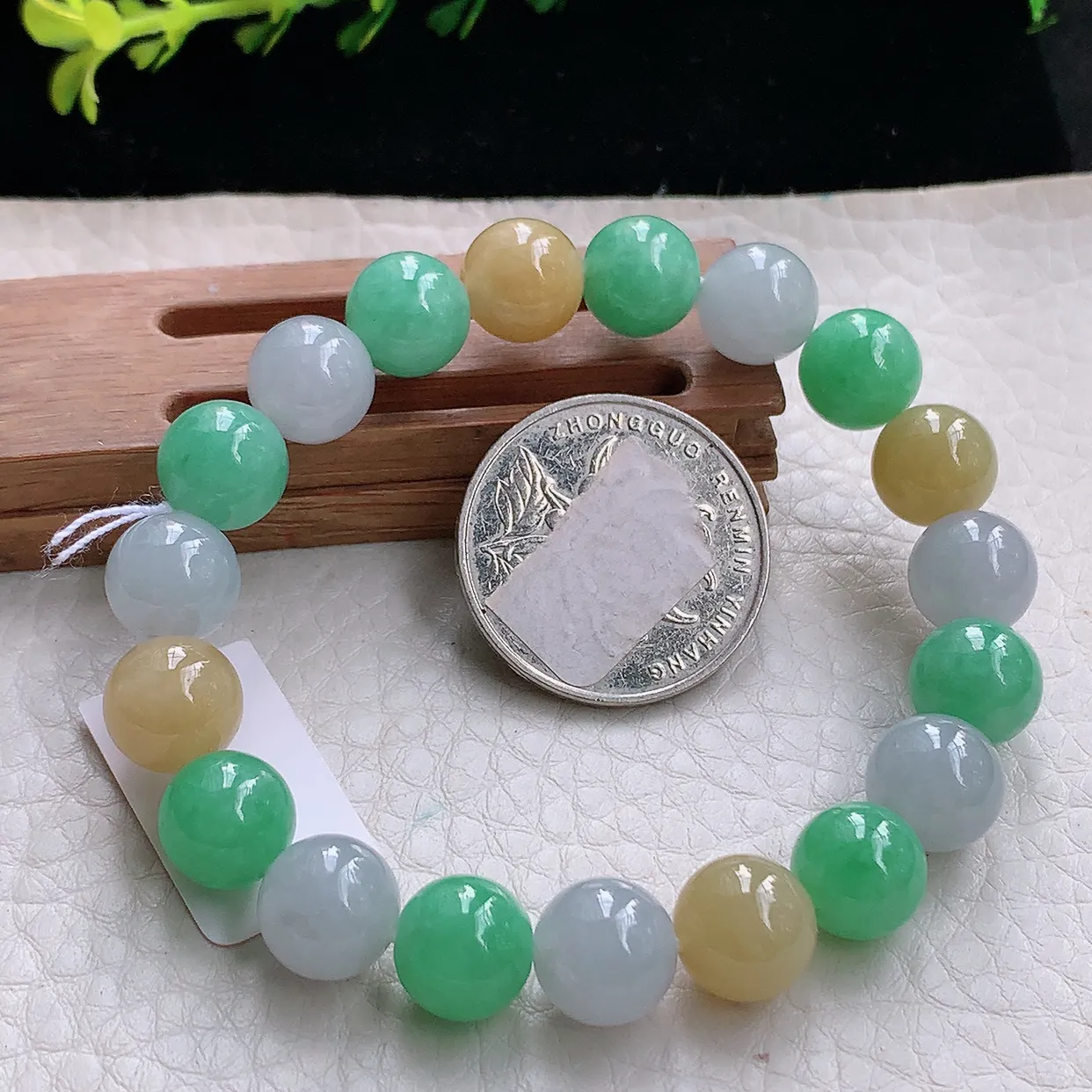 ss自然光9.7mm天然缅甸翡翠冰三彩9.7mm圆珠玉手链 玉手串