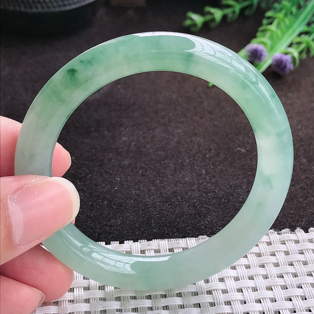 自然光52.5/9.2老坑冰胶果冻飘花圆条手镯翡翠玉镯手环