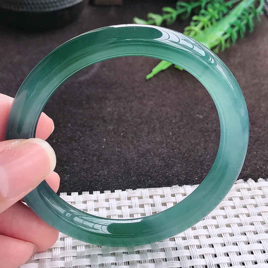 自然光57/9老坑冰透果冻胶满色蓝韵圆条手镯翡翠玉镯手环