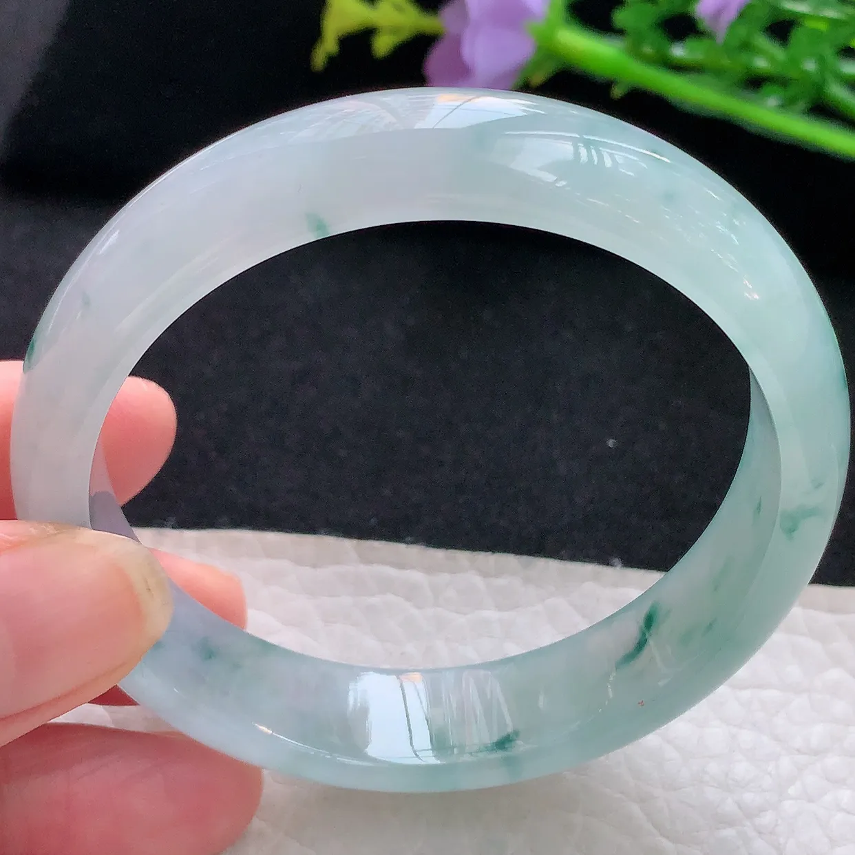 jm自然光56*13.5*6.6平安镯 天然缅甸翡翠冰飘花正圈珠宝玉手镯 美人镯