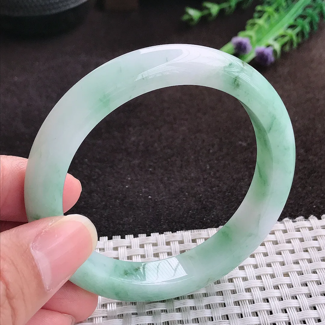 自然光56.5/11.2/8.6老坑精美冰润飘花手镯宽边翡翠玉镯手环