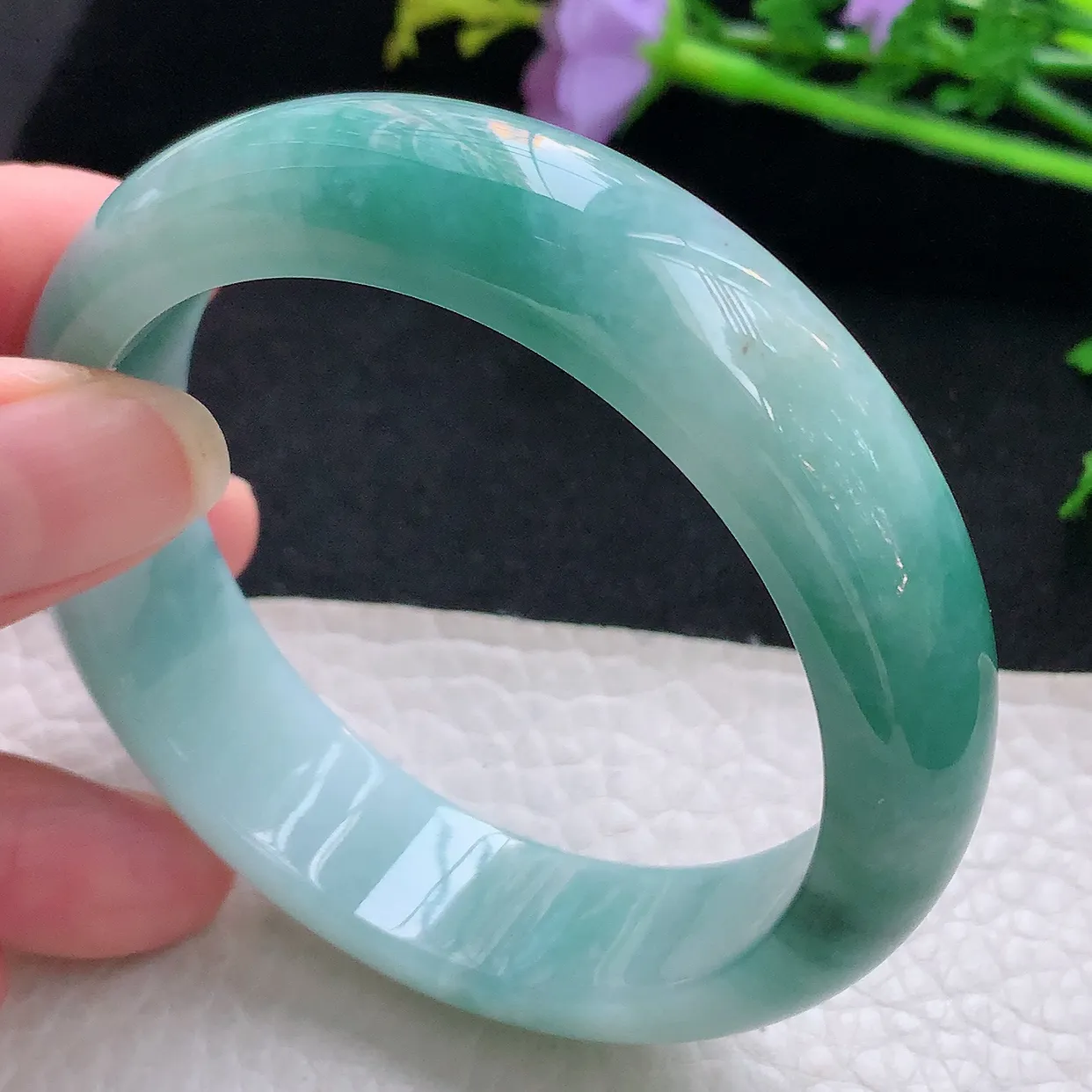 jm自然光56*15.3*8轮胎镯 天然缅甸翡翠蓝花厚装正圈珠宝玉手镯 美人镯