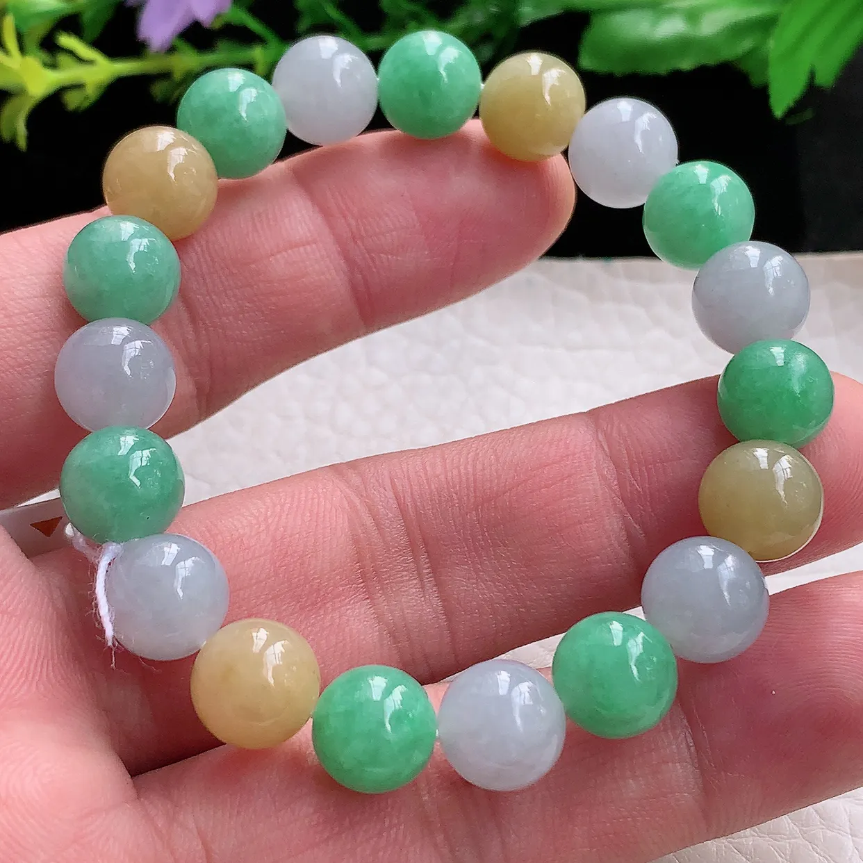 ss自然光9.7mm天然缅甸翡翠冰三彩9.7mm圆珠玉手链 玉手串