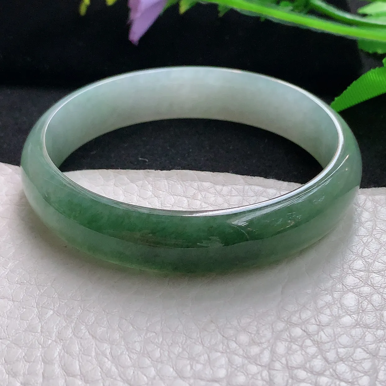 js自然光58.5*13*6.5平安镯 天然缅甸翡翠半山水正圈珠宝玉手镯