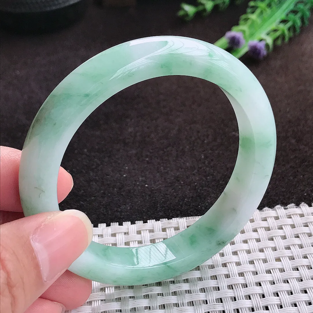 自然光56.5/11.2/8.6老坑精美冰润飘花手镯宽边翡翠玉镯手环