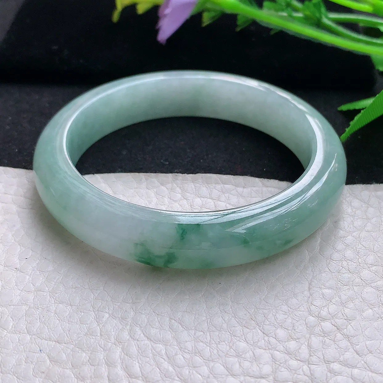 hy自然光57.5*12*8.2平安镯 天然缅甸翡翠飘花宽边珠宝玉手镯 玉手环