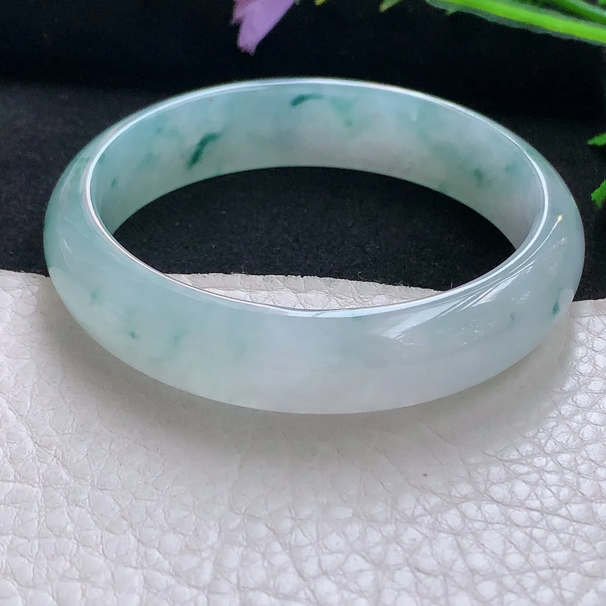 jm自然光56*13.5*6.6平安镯 天然缅甸翡翠冰飘花正圈珠宝玉手镯 美人镯