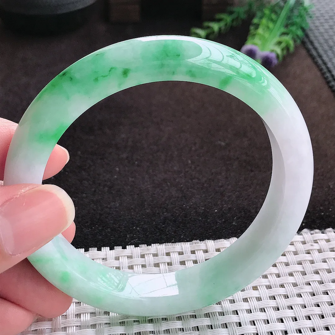 自然光62.5/12.5/9.3老坑精美冰润飘阳绿手镯大圈口翡翠玉镯手环