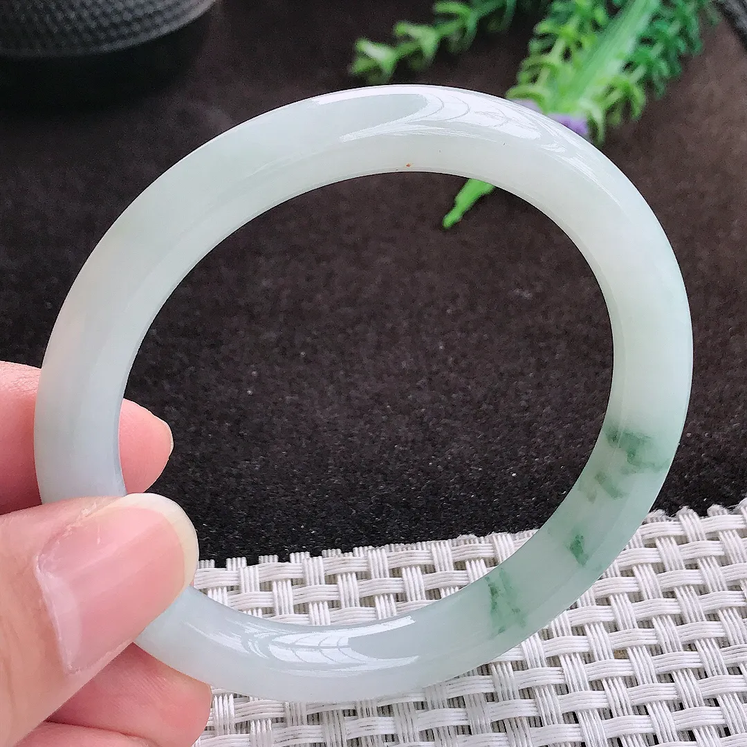 自然光55/9/8.5老坑冰润起胶飘花圆条手镯宽边翡翠玉镯手环