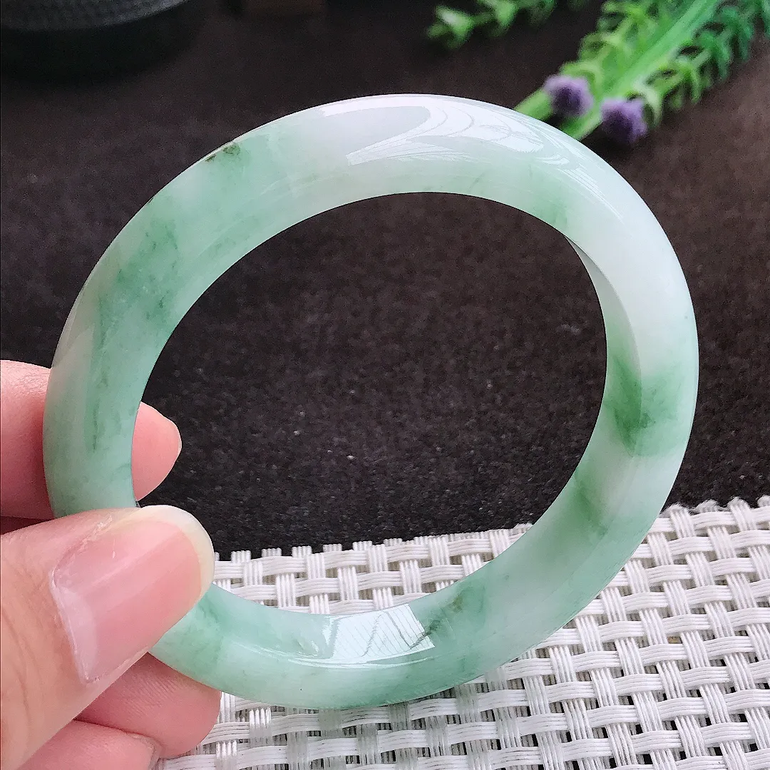 自然光56.5/11.2/8.6老坑精美冰润飘花手镯宽边翡翠玉镯手环