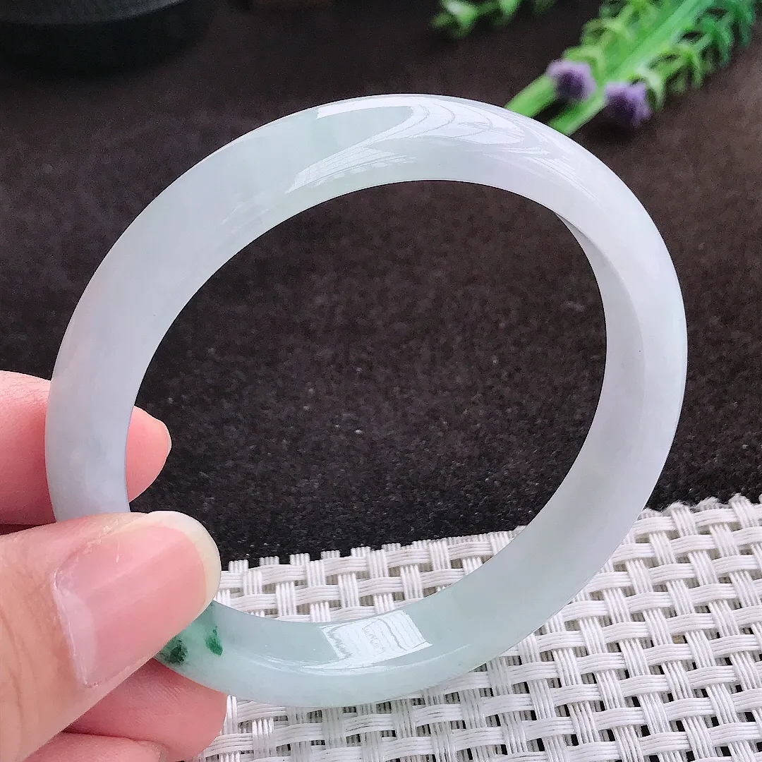 自然光58.8/11.2/7.3老坑冰透起胶飘花手镯宽边翡翠玉镯手环