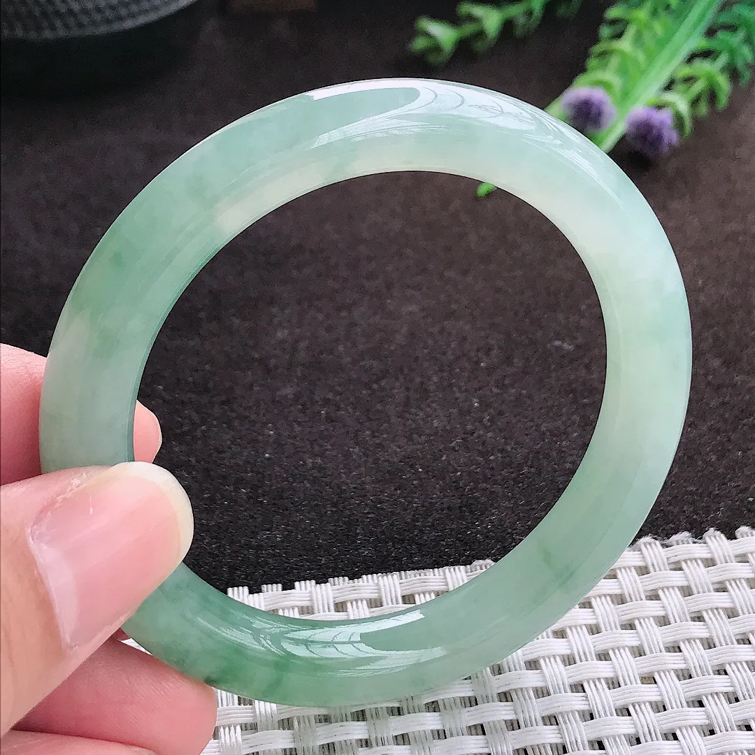 自然光52.5/9.2老坑冰胶果冻飘花圆条手镯翡翠玉镯手环