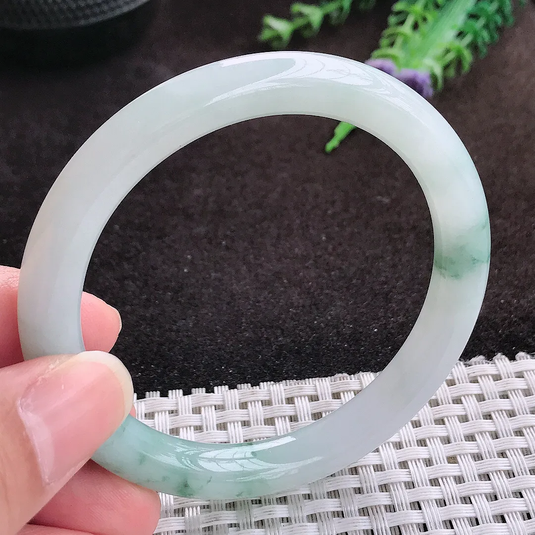 自然光55/9/8.5老坑冰润起胶飘花圆条手镯宽边翡翠玉镯手环