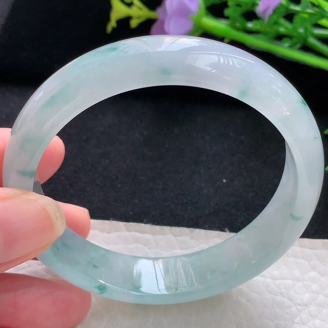 jm自然光56*13.5*6.6平安镯 天然缅甸翡翠冰飘花正圈珠宝玉手镯 美人镯